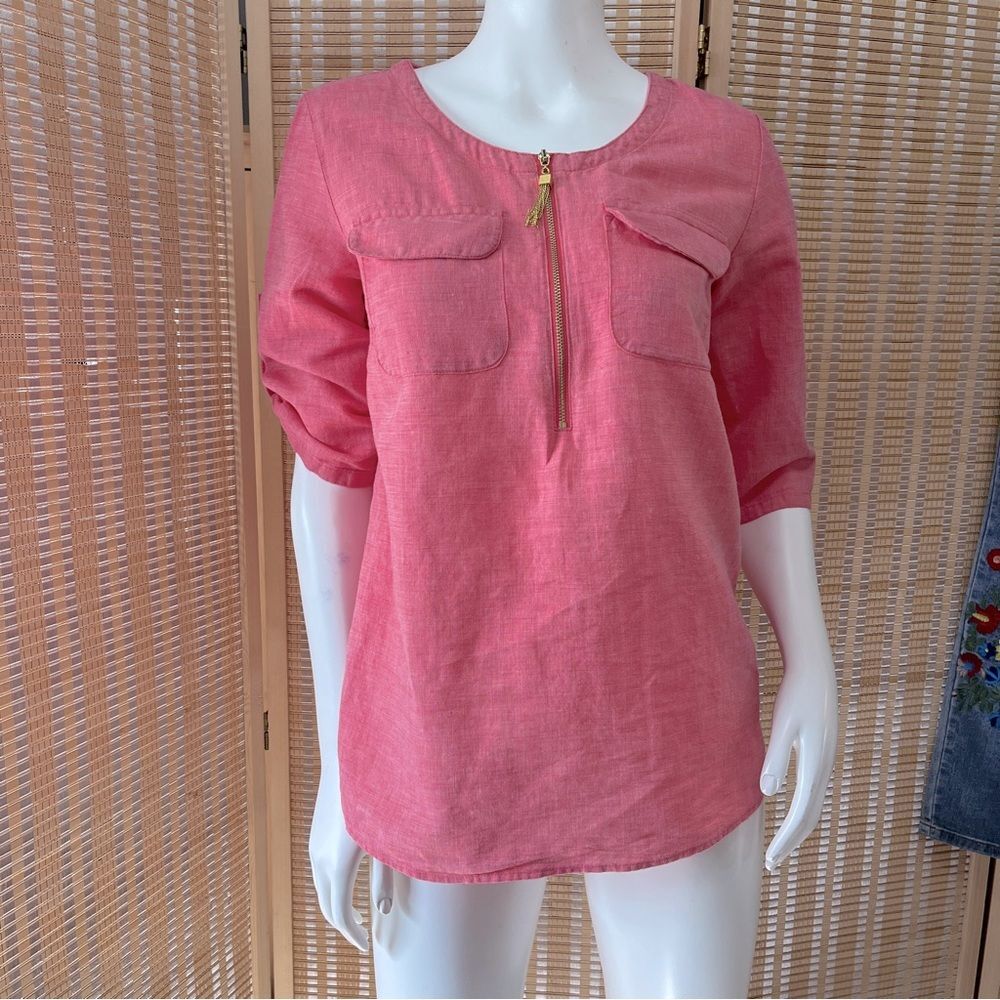 Ellen Tracy Rose Linen Three Quarter Length Sleeve half zip Top Small